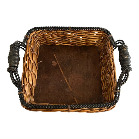 Vintage Rattan & Wood Basket with Twisted Metal Handles – Rustic Farmhouse Decor - Picture 3 of 5